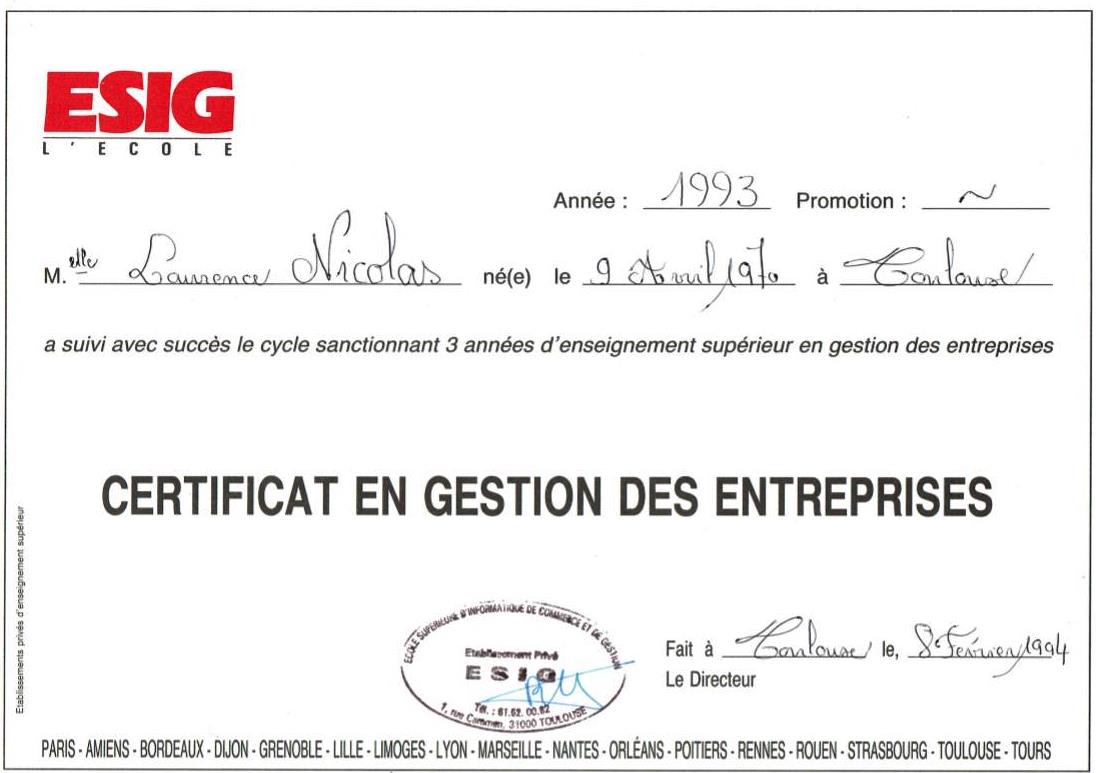 1993 certificat gestion entreprises